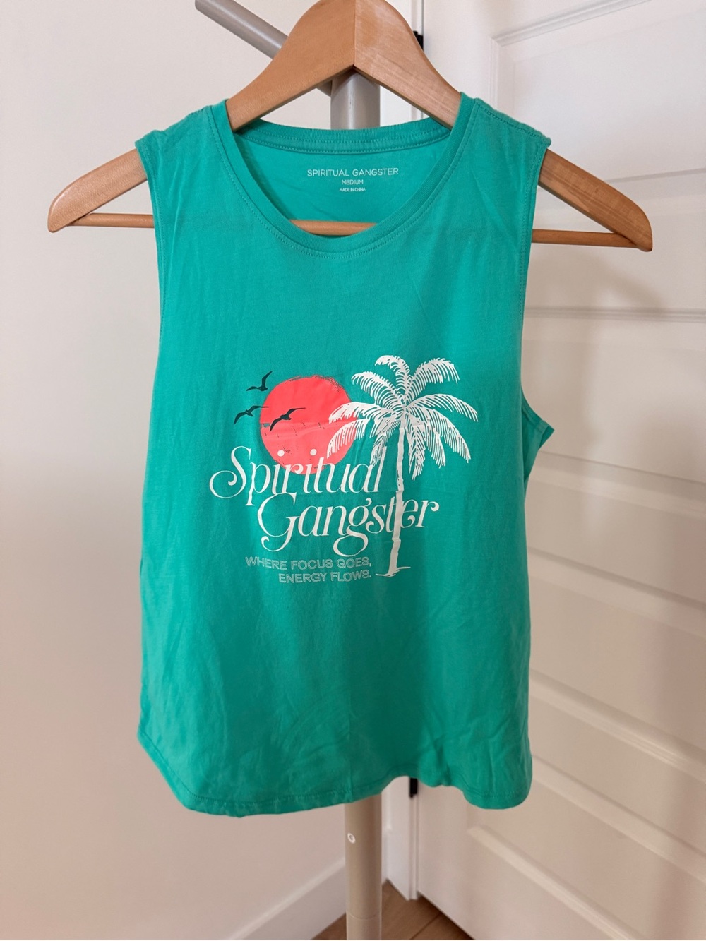 Spiritual Gangster M Muscle Tank Green Palm Tree Sunset Logo Graphic